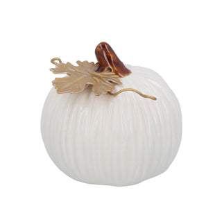 Stoneware Orn 8cm - White Pumpkin w Gold Leaf