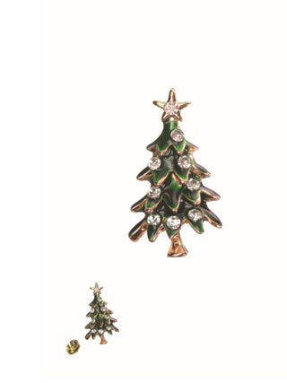 Mini Tree Pin - Gold/Grn Enamel/Clr Crystals Brooch
