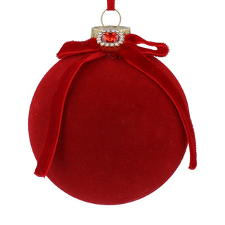 Red Flock Glass Ball w Jewel & Ribbon