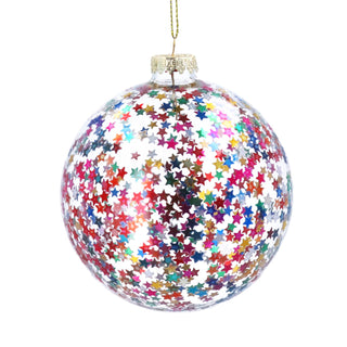 Glass Bauble 10cm - Clear w Multicolour Star Confetti