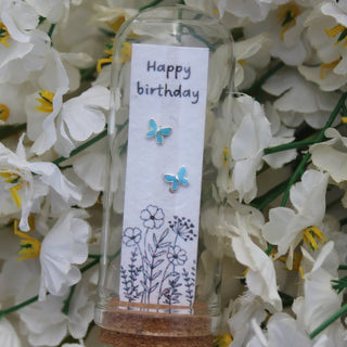Oak & Willow - Happy Birthday 925 Silver Blue Butterfly Earrings on Seed Paper