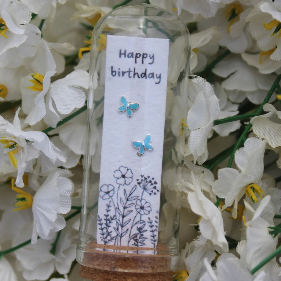 Oak & Willow - Happy Birthday 925 Silver Blue Butterfly Earrings on Seed Paper