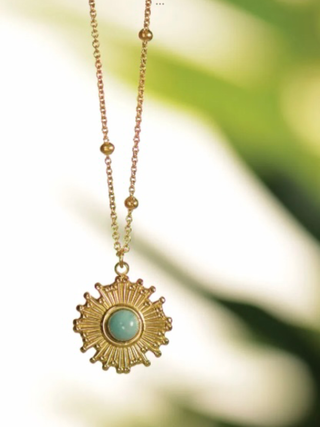 Sunburst W/Stone - Stainless Steel W/18k Gold PVD Necklace