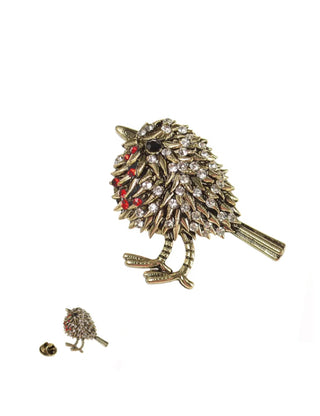 Rockin' Robin - Antique Gold / Clear / Ruby Red Brooch