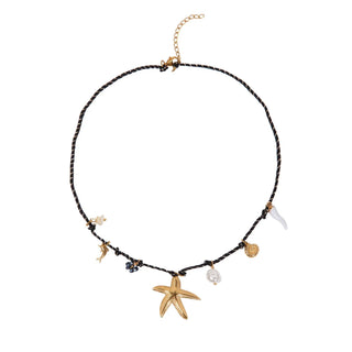 NECKLACE HANDMADE STARFISH MULTICHARM BLACK 14K GOLD PLATED