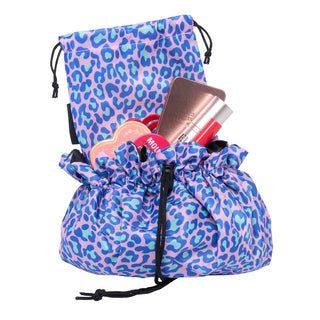 DONNA MAY - Open Flat Drawstring Makeup Bag in Blue & Green Leopard