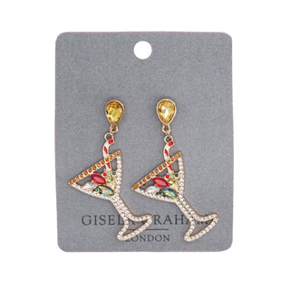 Crystal cocktail glass Christmas drop earrings with candy cane and coloured gemstones, Gisela Graham