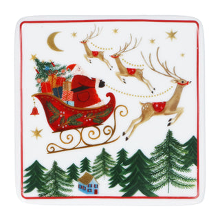 Square porcelain coaster with Santa's sleigh soaring over a moonlit pine forest, Gisela Graham Christmas decoration