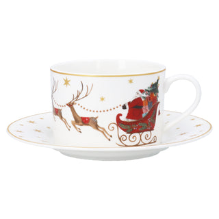 Bone china cup and saucer with Santa's sleigh and reindeer design in red and gold, Gisela Graham Christmas decoration