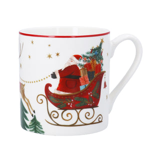 Bone china mug with Santa's sleigh and reindeer scene in red and gold, Gisela Graham Christmas decoration