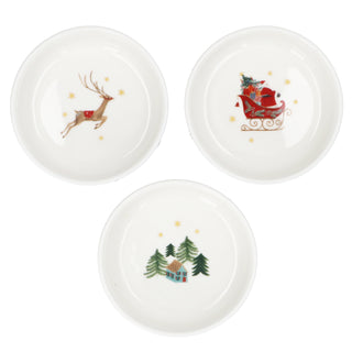Set of three bone china mini bowls with Nostalgia Sleigh designs — reindeer, Santa's sleigh and pine forest, Gisela Graham Christmas decoration