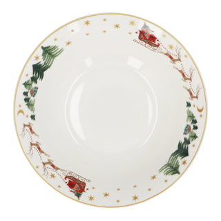 Large round bone china serving bowl with Nostalgia Sleigh scene around the rim in red and gold, Gisela Graham Christmas decoration