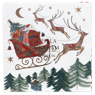 Pack of 20 paper napkins with Santa's sleigh and reindeer over a pine forest scene, Gisela Graham Christmas decoration