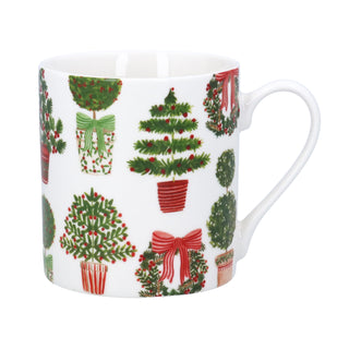 White bone china mug with Christmas topiary potted trees design in red and green, Gisela Graham