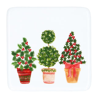 White porcelain coaster with three potted Christmas topiary trees in red and green, Gisela Graham