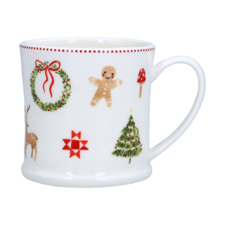 White stoneware mini mug with Nordic Christmas icons including gingerbread man, holly wreath, reindeer and Christmas tree, Gisela Graham Christmas decoration