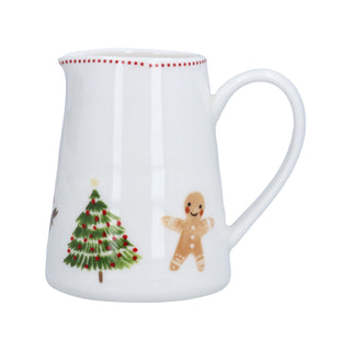 White stoneware mini jug with Nordic Christmas icons including Christmas tree, gingerbread man and reindeer, Gisela Graham Christmas decoration