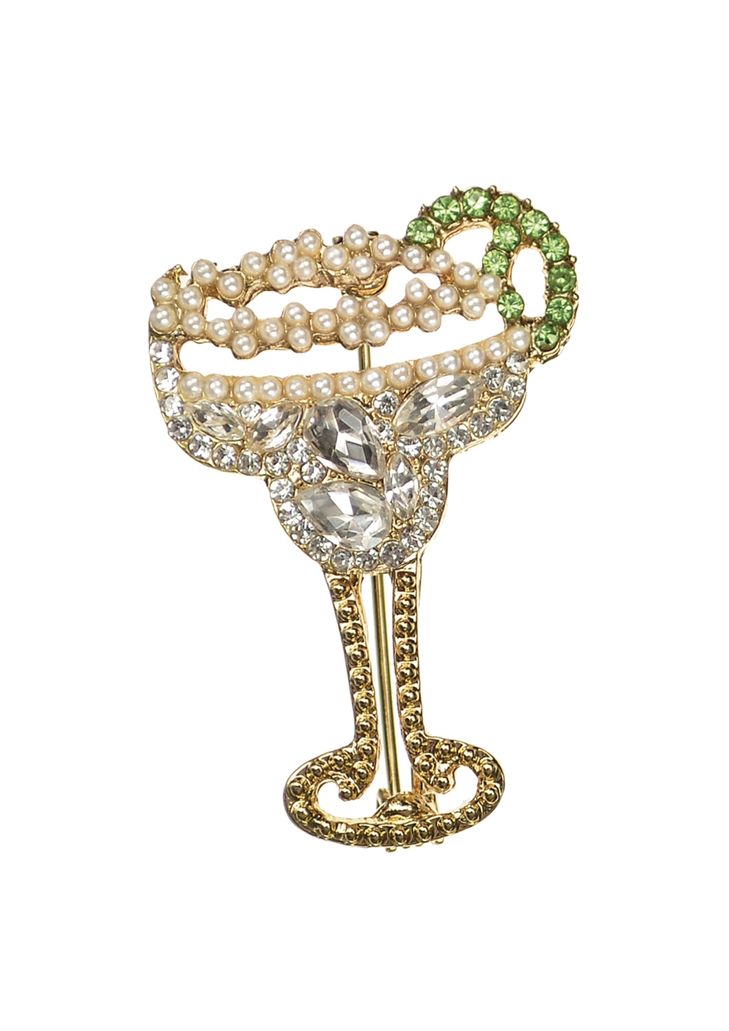 Cocktail Hour - Gold / Faux Pearl / Clear & Peridot Crys Brooch