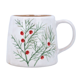 Chunky stoneware mug with embossed fir branches and red berries on white crackle glaze, Gisela Graham Christmas decoration