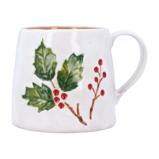Chunky stoneware mug with embossed holly leaves and red berries on white crackle glaze, Gisela Graham Christmas decoration