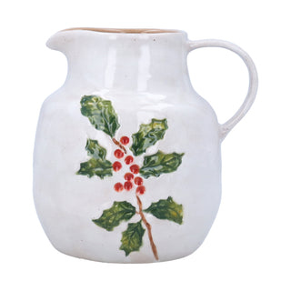 Large rounded stoneware jug with embossed holly leaves and red berries on white crackle glaze, Gisela Graham Christmas decoration