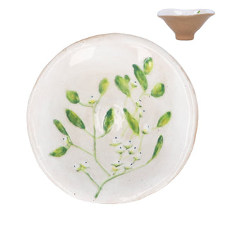 Stoneware mini bowl with embossed mistletoe leaves and berries on white crackle glaze, viewed from above, Gisela Graham Christmas decoration