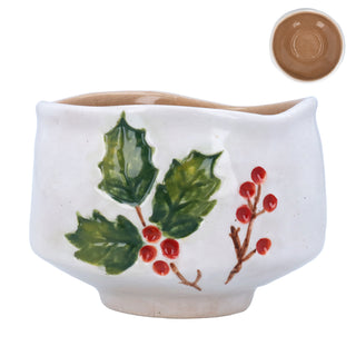 Stoneware bowl with embossed holly leaves and red berries on white crackle glaze with caramel interior, Gisela Graham Christmas decoration
