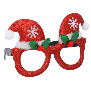Red glitter Santa hat novelty party glasses with snowflake and holly detail, Gisela Graham