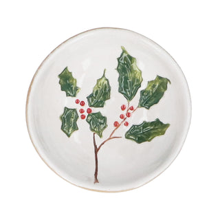 Small flat stoneware bowl with painted holly branch and red berries on white crackle glaze, Gisela Graham Christmas decoration