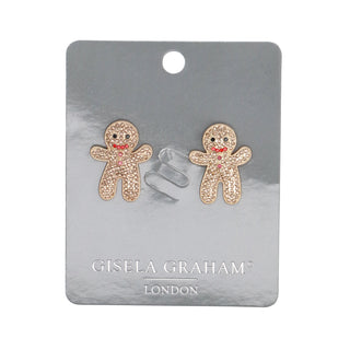 Jewelled gingerbread man stud earrings in gold pavé crystal with red smile, Gisela Graham