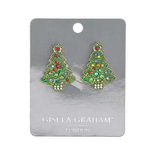 Jewelled Christmas tree stud earrings with multicoloured crystal baubles, Gisela Graham