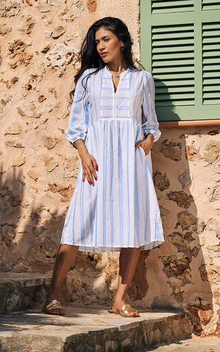 St. Tropez Cotton Dress Embroidered Pattern White/Blue