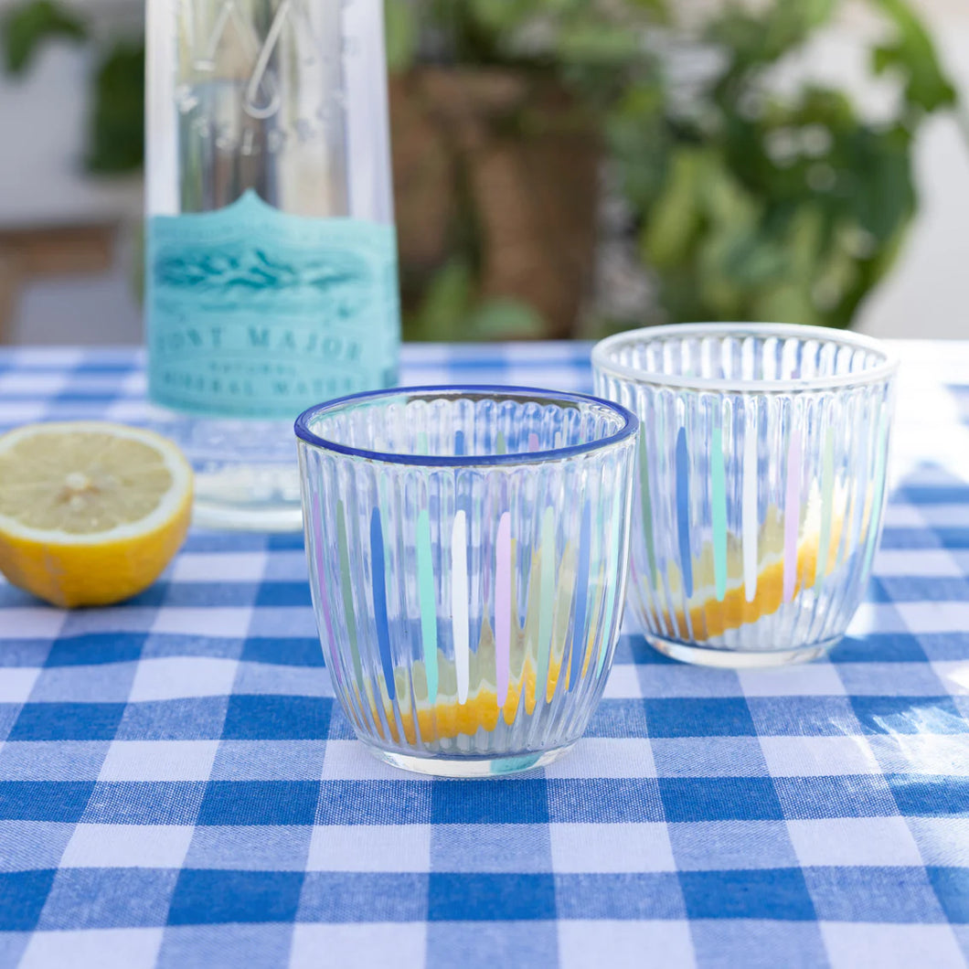 BON APPETIT, GLASS TUMBLERS, BLUE & WHITE Set Of 2