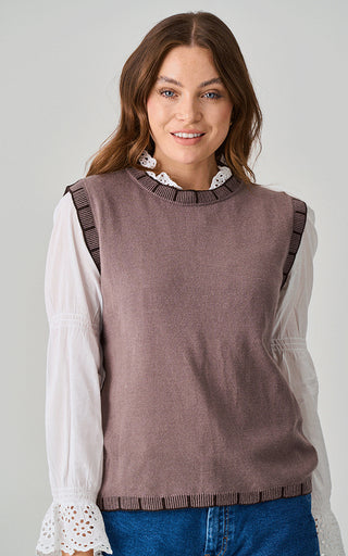 Luella Stowe Cashmere Blend Tank Top Blanket Trim Mocha/Chocolate