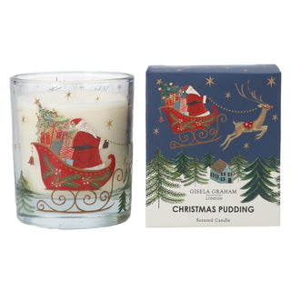 Large Christmas Pudding scented candle with Nostalgia Sleigh design in a decorative navy gift box, Gisela Graham Christmas decoration