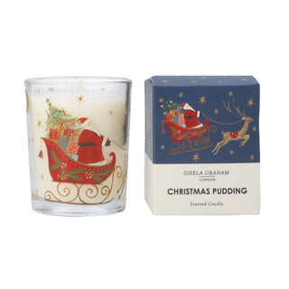 Mini Christmas Pudding scented candle in glass votive with Nostalgia Sleigh design and navy gift box, Gisela Graham Christmas decoration