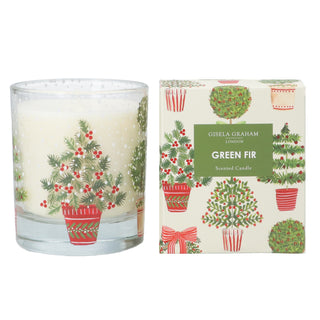 Gisela Graham NE Topiary large Green Fir scented candle with potted Christmas trees glass and gift box