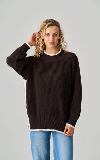 Luella Avebury Heavy Knit Cotton Jumper Contrast Trim Chocolate/Almond