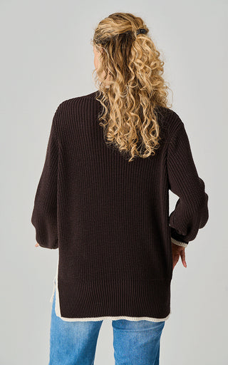 Luella Avebury Heavy Knit Cotton Jumper Contrast Trim Chocolate/Almond