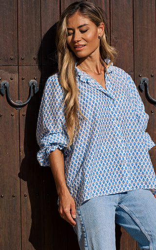 Olbia Long Sleeve Blouse Ruffle Trim Printed Pattern Blue