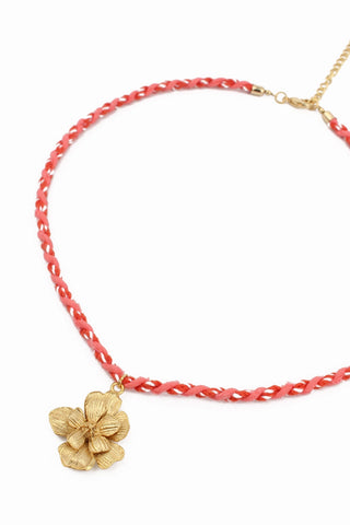Statement Gold Flower Necklace On Peach Cord