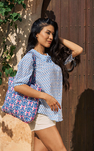 Marseille Short Sleeve Blouse Frill Collar Printed Pattern Blue