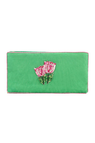 Pink Tulip On Green Multi Use Pouch