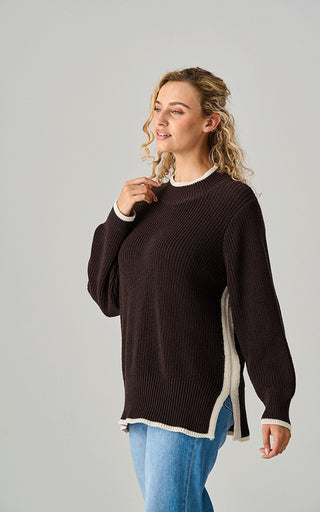 Luella Avebury Heavy Knit Cotton Jumper Contrast Trim Chocolate/Almond