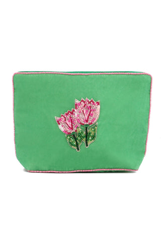 Multi Tulips On Green Medium Pouch
