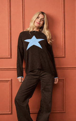 Isla Merino Wool Star Jumper Chocolate/Blue