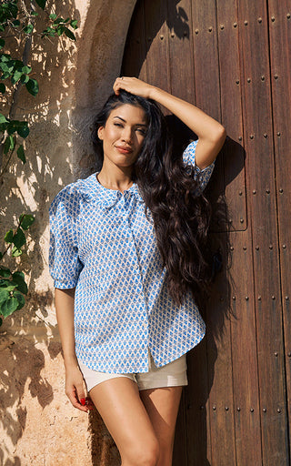 Marseille Short Sleeve Blouse Frill Collar Printed Pattern Blue