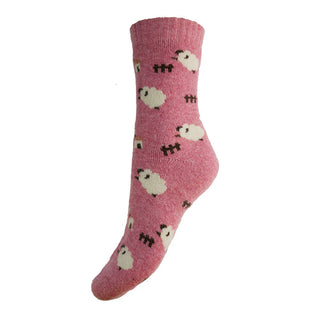 Pink Wool blend socks with sheep size 4-7