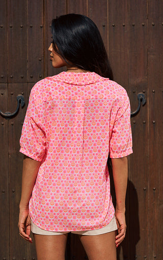 Marseille Short Sleeve Blouse Frill Collar Printed Pattern Neon Pink/Orange