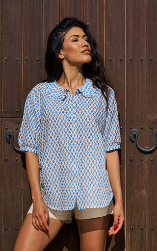 Marseille Short Sleeve Blouse Frill Collar Printed Pattern Blue